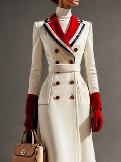 Lapel Collar Color Block Urban Coat With Belt