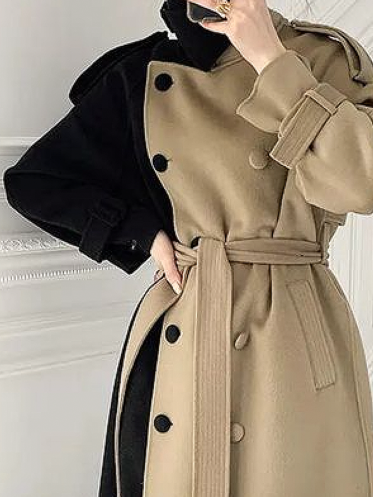 Color Block Loose Raglan Sleeve Urban Turtleneck Mid-long Coat with Belt