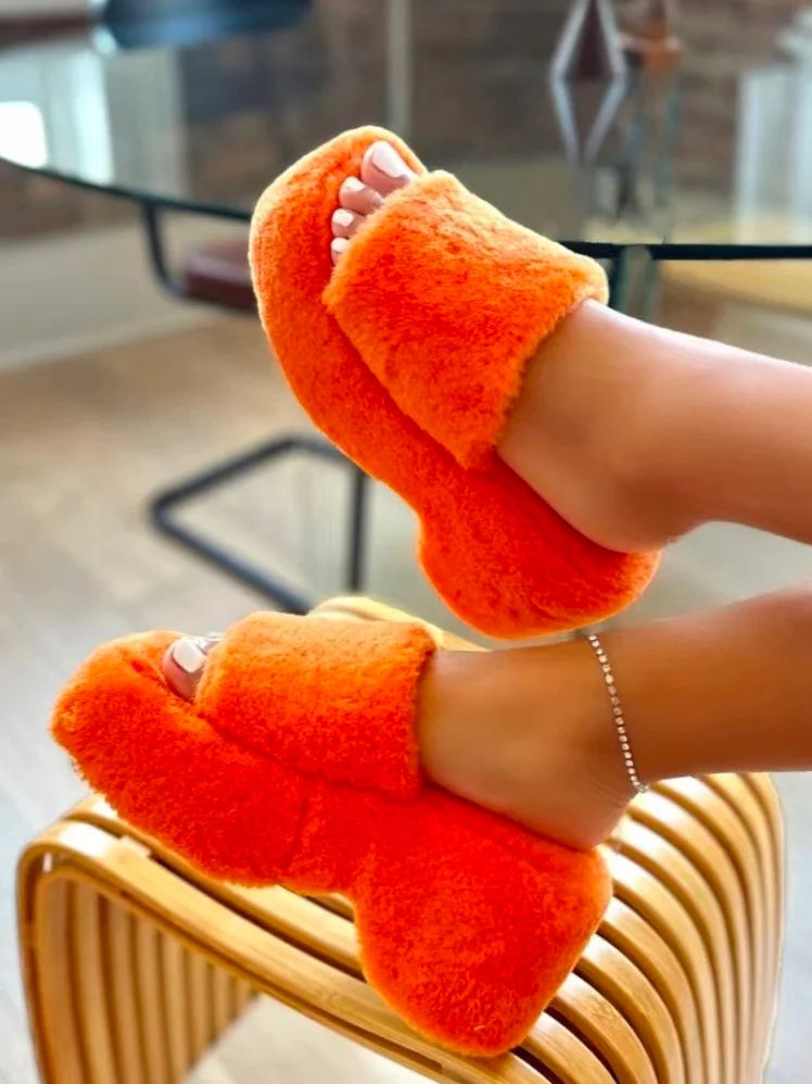 Autumn Fleece Plain Fluffy Slippers