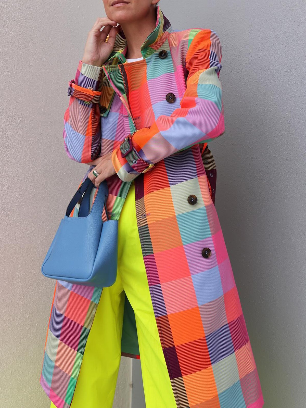 Color Plaid Urban Long Sleeve Trench Coat With Belt