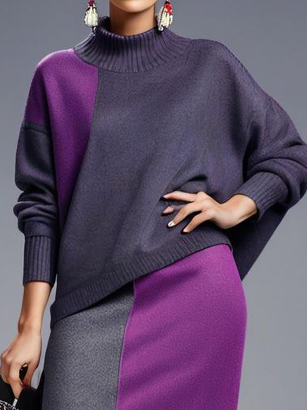 Medium Elasticity Casual Color Block Regular Sleeve Loose Turtleneck Long Sleeve Sweater