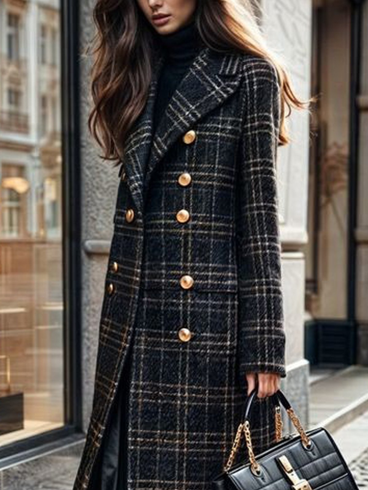 Urban Plaid Buttoned Lapel Collar Coat