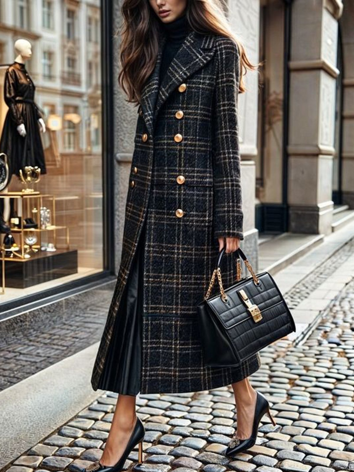 Urban Plaid Buttoned Lapel Collar Coat