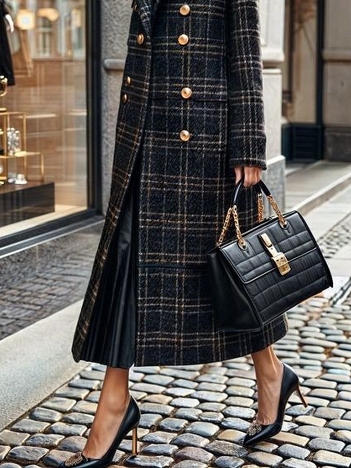 Urban Plaid Buttoned Lapel Collar Coat