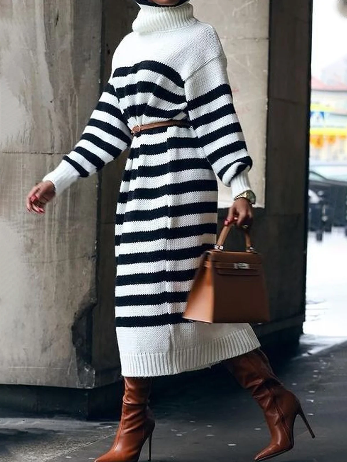 Regular Sleeve Striped Loose Urban Sweater Dress