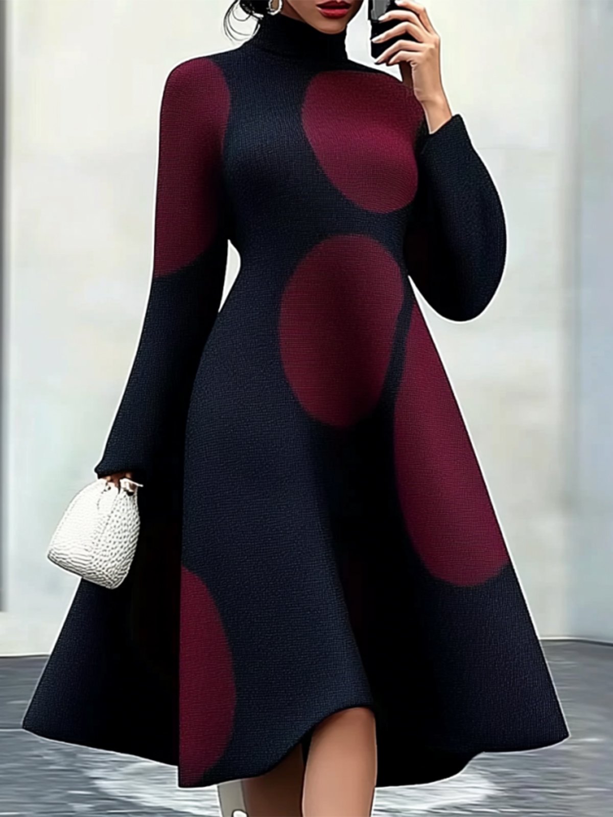 Polka Dots Regular Sleeve Turtleneck Elegant Regular Fit Sweater Dress