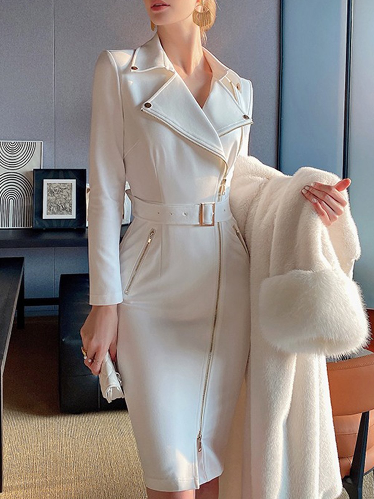 Lapel Collar Zipper Urban Long Sleeve Dress With Belt