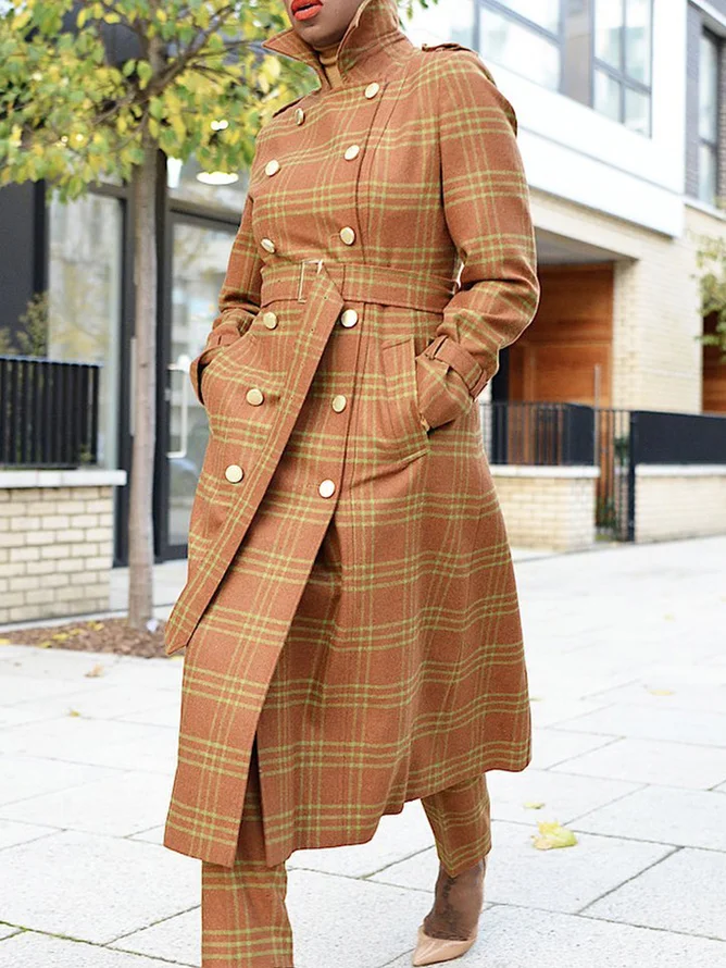 Plaid Regular Sleeve Urban Lapel Collar Coat With Belt