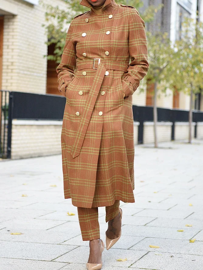 Plaid Regular Sleeve Urban Lapel Collar Coat With Belt