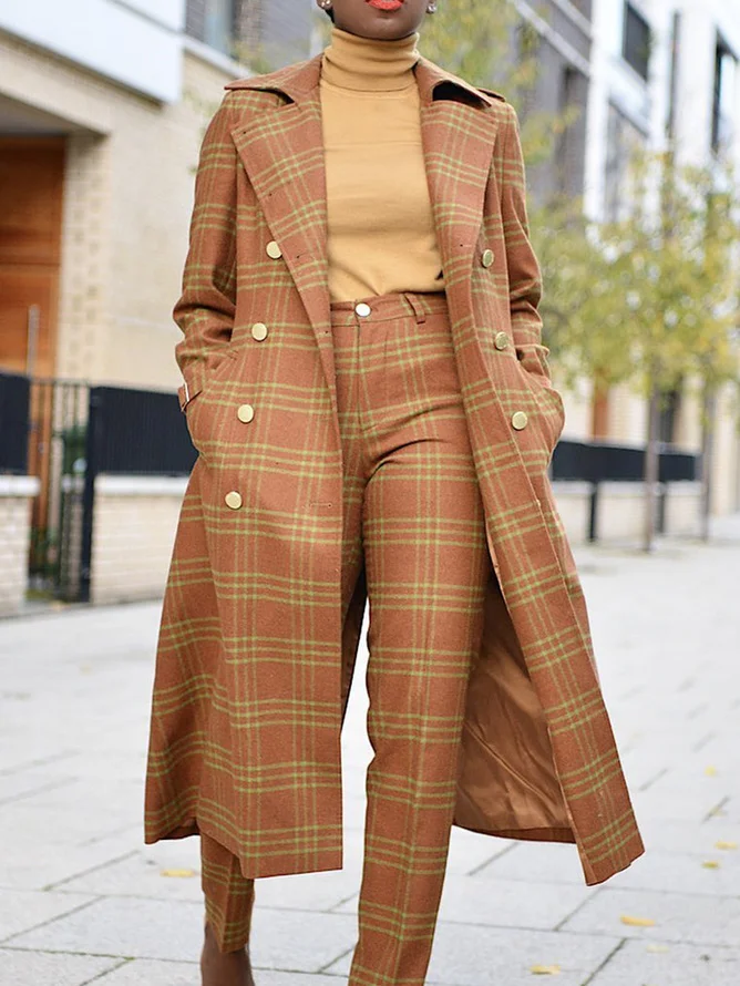 Plaid Regular Sleeve Urban Lapel Collar Coat With Belt