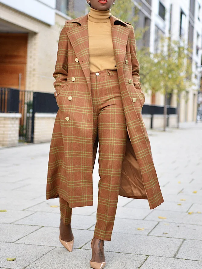 Plaid Regular Sleeve Urban Lapel Collar Coat With Belt