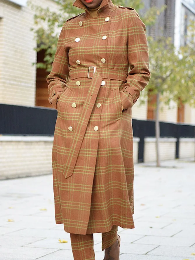 Plaid Regular Sleeve Urban Lapel Collar Coat With Belt