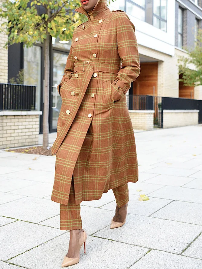 Plaid Regular Sleeve Urban Lapel Collar Coat With Belt