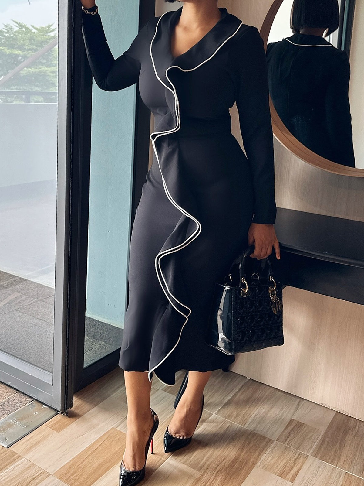 Tight Medium Elasticity V Neck Long Sleeve Regular Sleeve Elegant Midi Dress