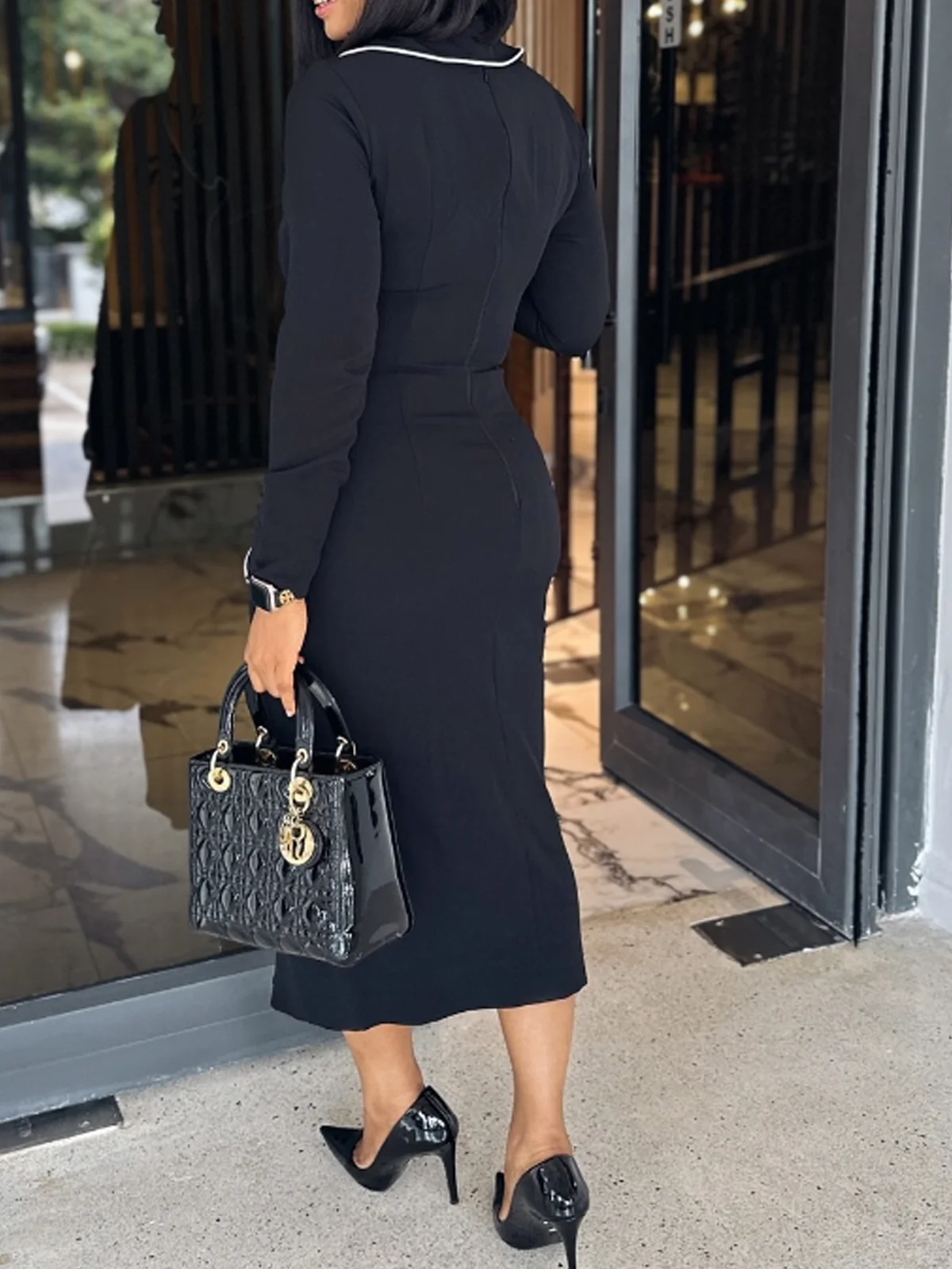 Tight Medium Elasticity V Neck Long Sleeve Regular Sleeve Elegant Midi Dress