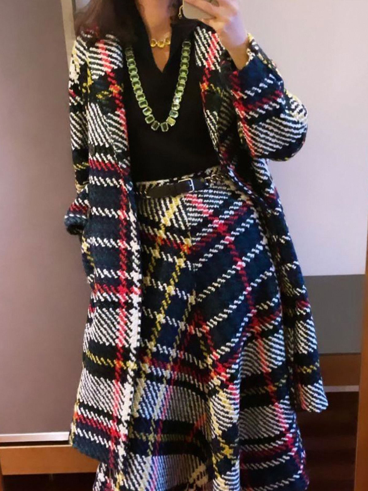 Shawl Collar Regular Sleeve Loose Urban Plaid Coat