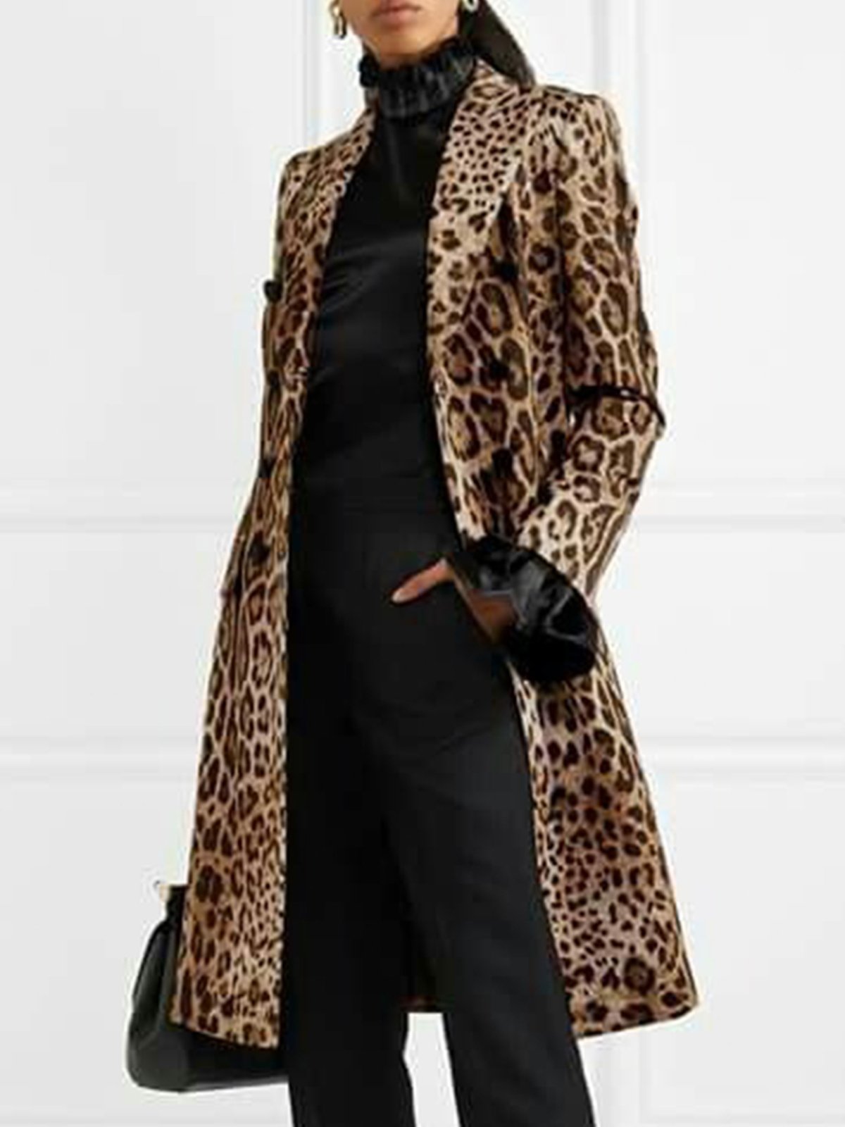 Leopard  Urban Lapel Collar Long Sleeve Coat