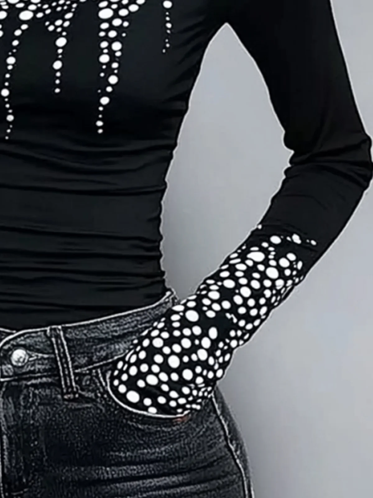 Casual Regular Sleeve Abstract Polka Dots Tight Turtleneck T-Shirt