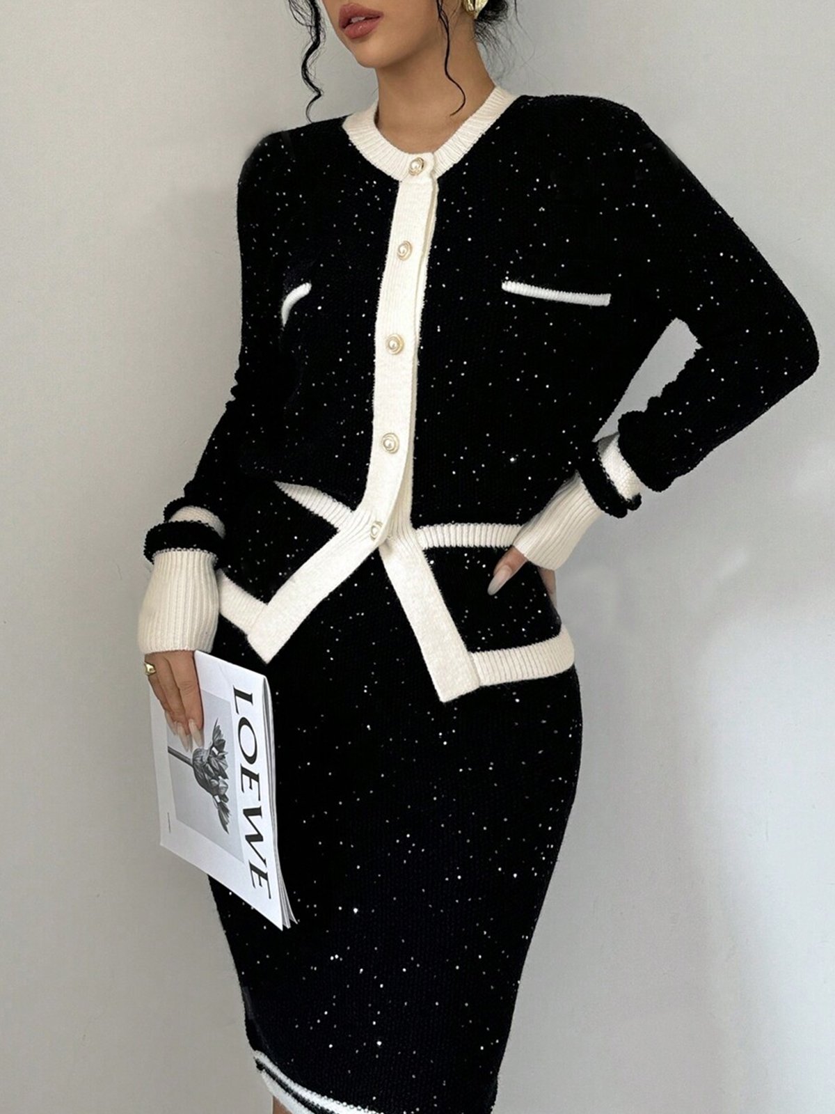 Color Block Glitter Regular Sleeve Elegant Cardigan