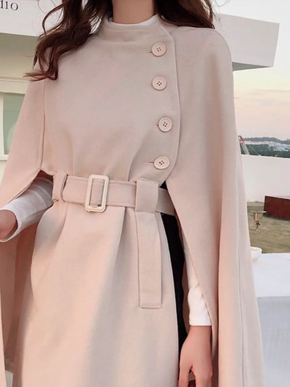 Loose Elegant Stand Collar Buttoned Cloak With Belt