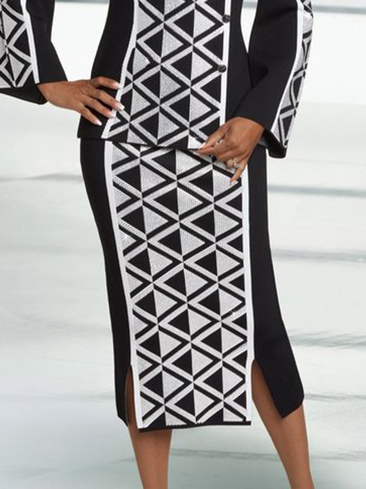 Geometric Urban Regular Fit Side-Slit Sweater Skirt