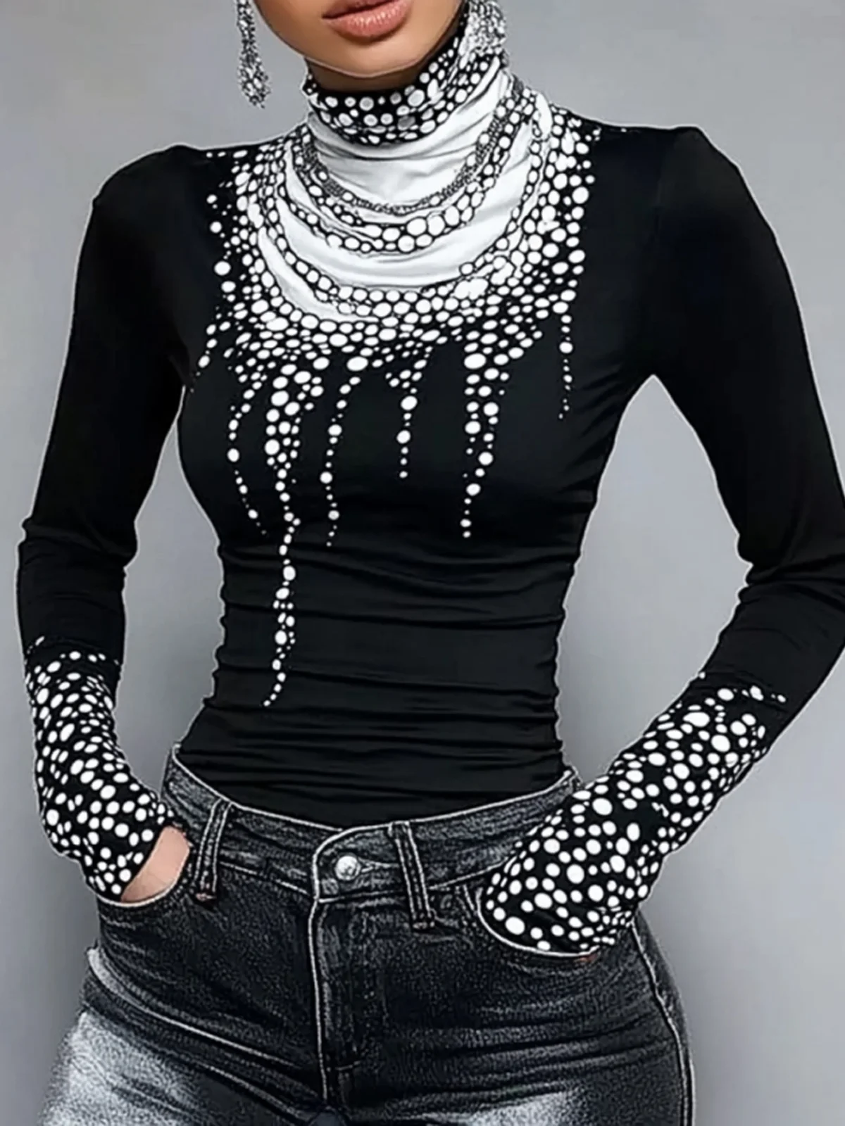 Casual Regular Sleeve Abstract Polka Dots Tight Turtleneck T-Shirt