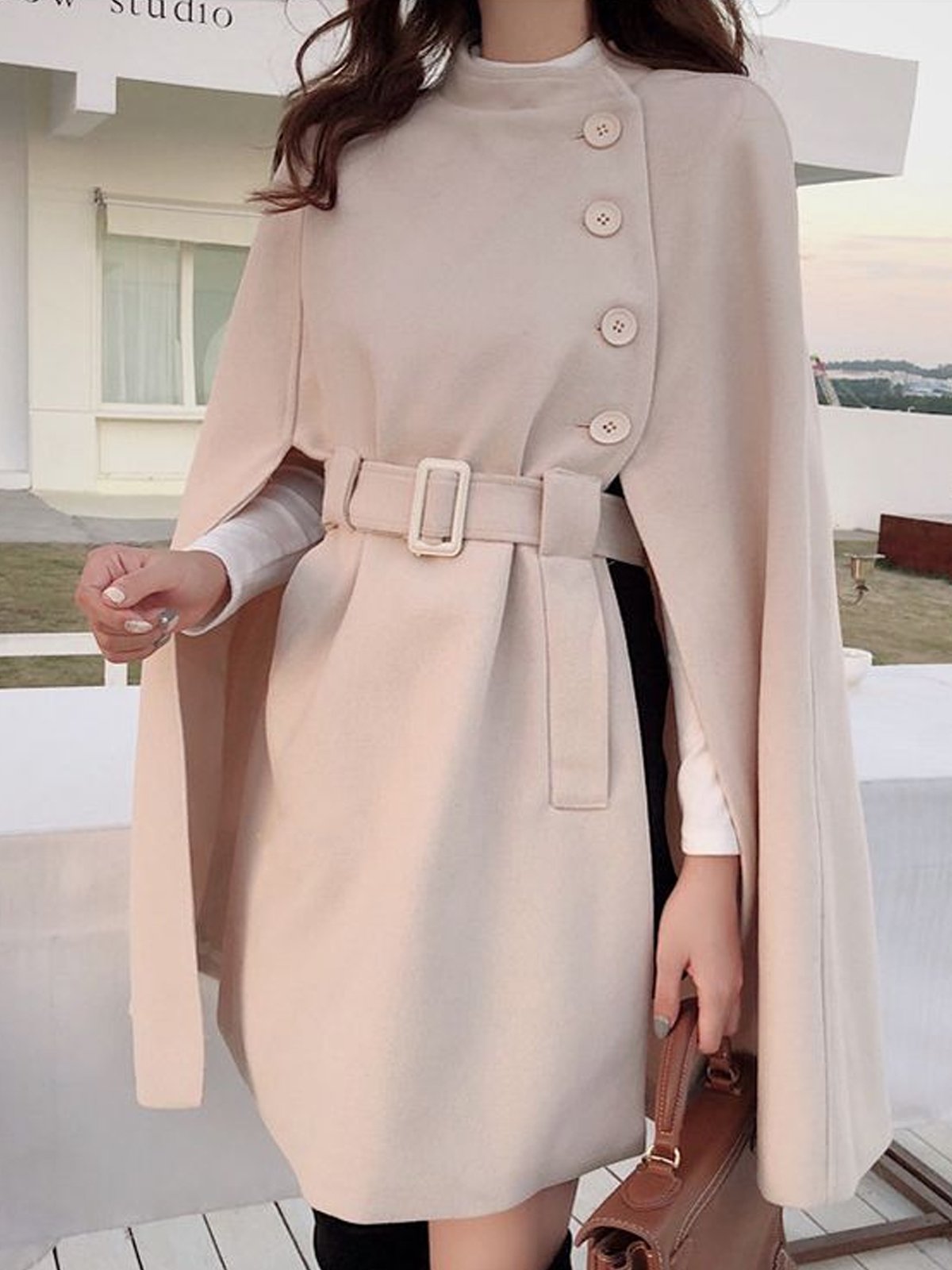 Loose Elegant Stand Collar Buttoned Cloak With Belt