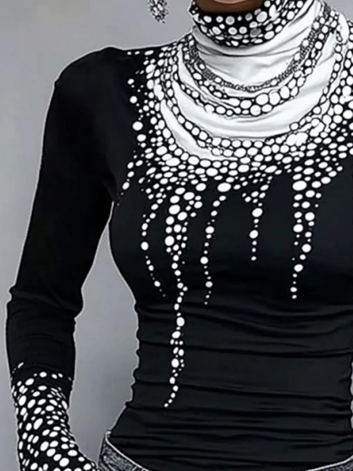 Casual Regular Sleeve Abstract Polka Dots Tight Turtleneck T-Shirt