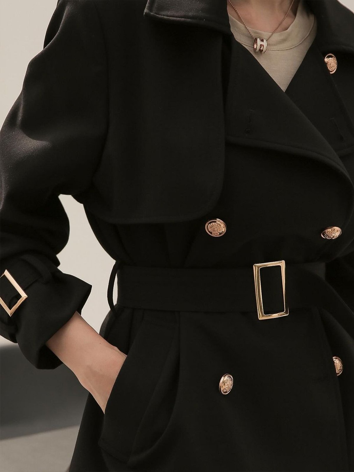 Urban Plain Lapel Collar Trench Coat With Belt