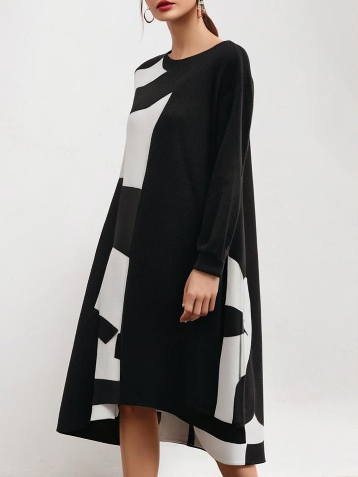 Crew Neck Geometric Casual Long Sleeve Dress