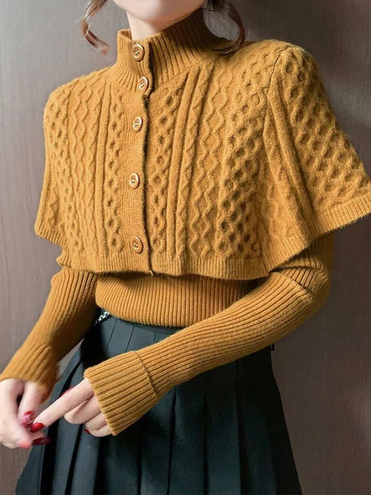 Mock Neck Plain Elegant Sweater Two-Piece Set