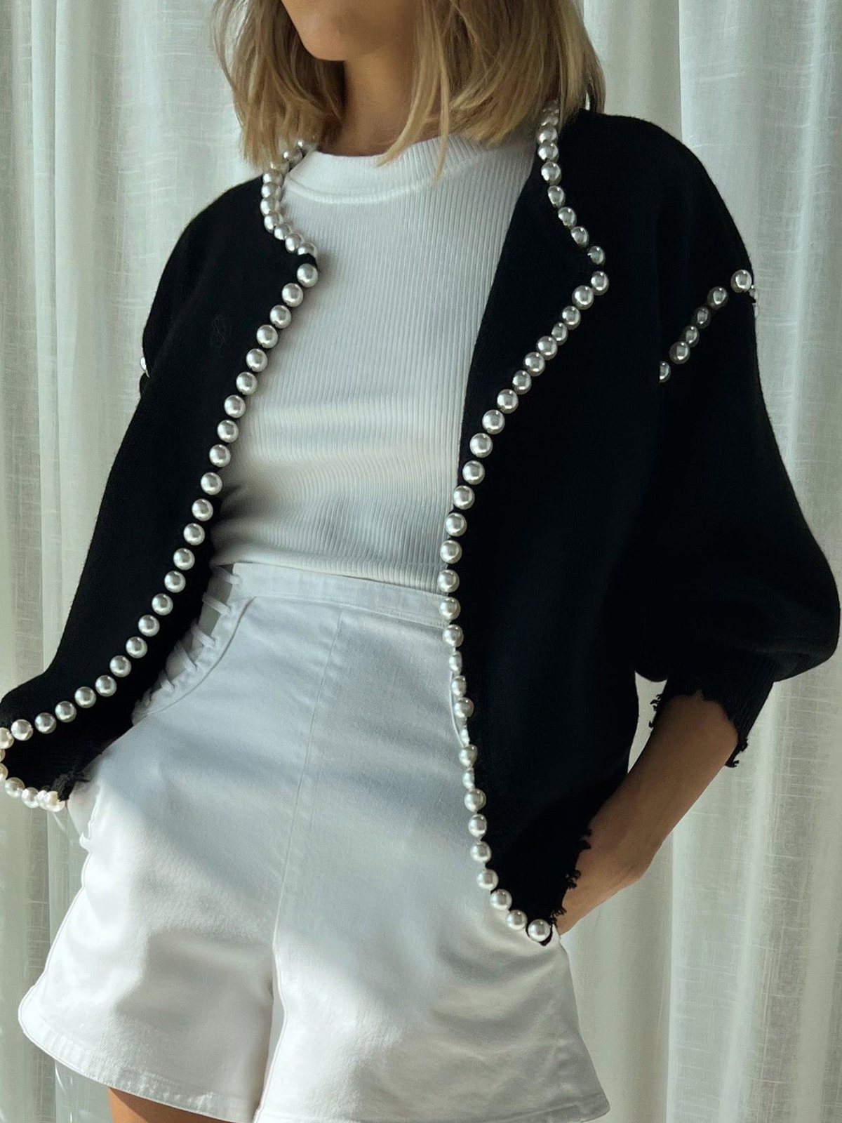 Casual Regular Sleeve Imitation Pearls Sweater Cardigan