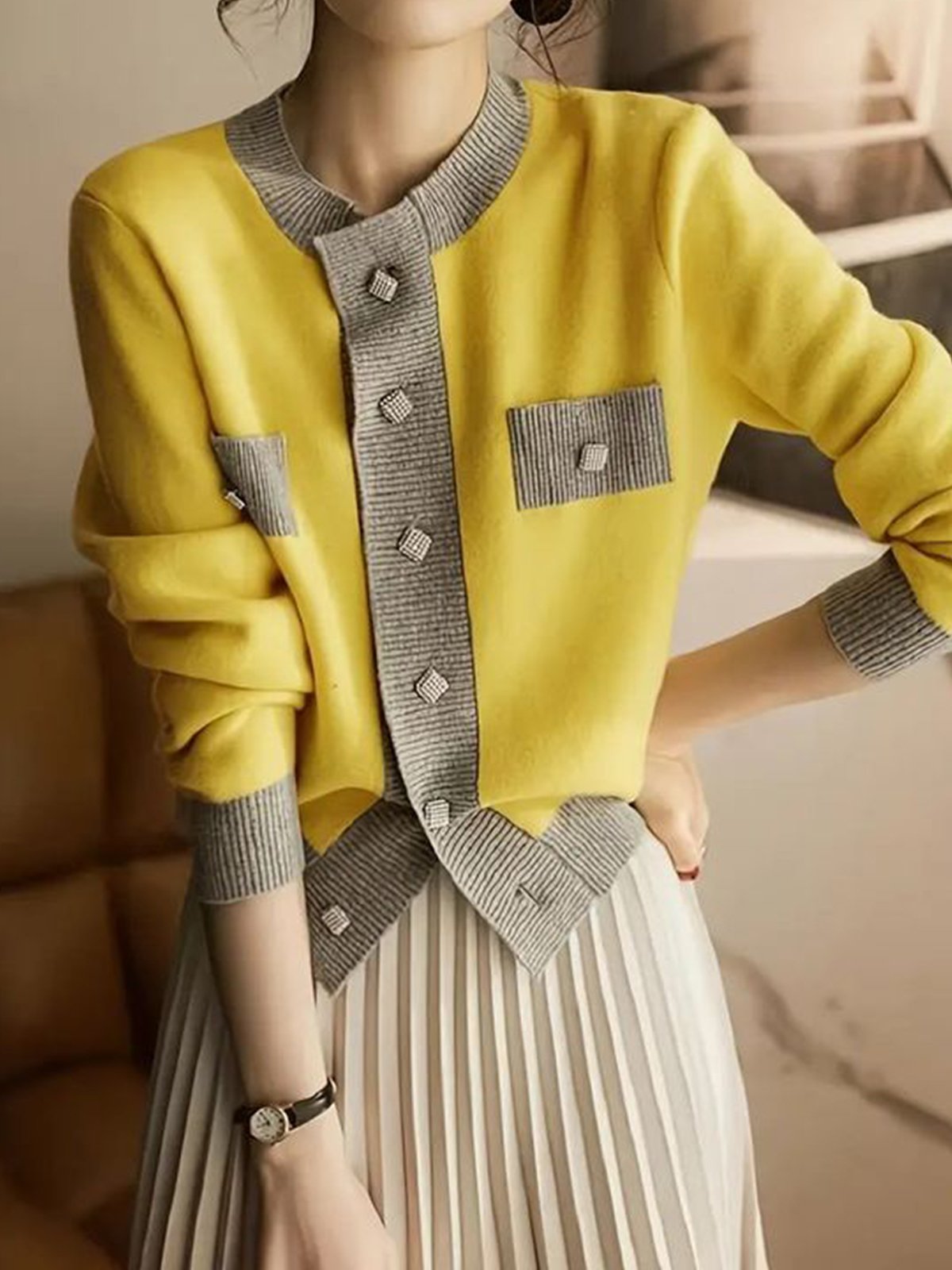 Crew Neck Regular Sleeve Casual Loose Sweater Cardigan