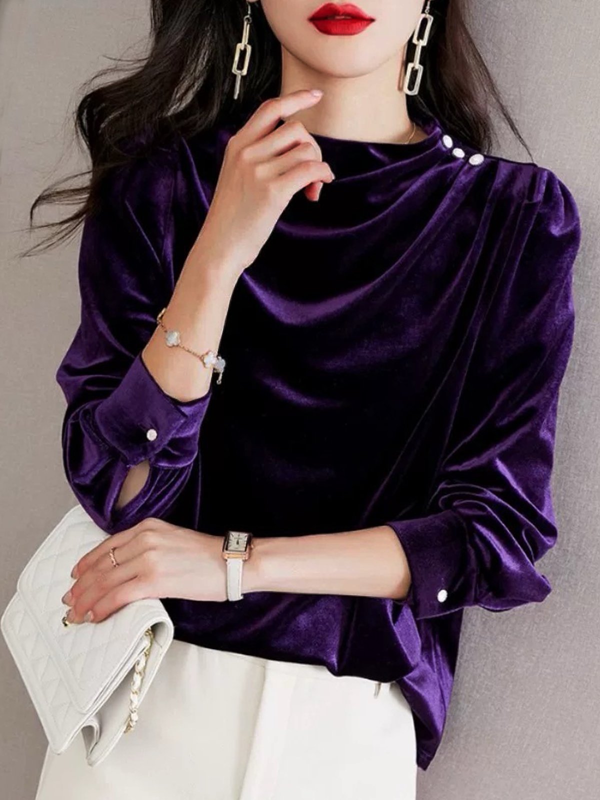 Plain Ruched Velvet Elegant Blouse