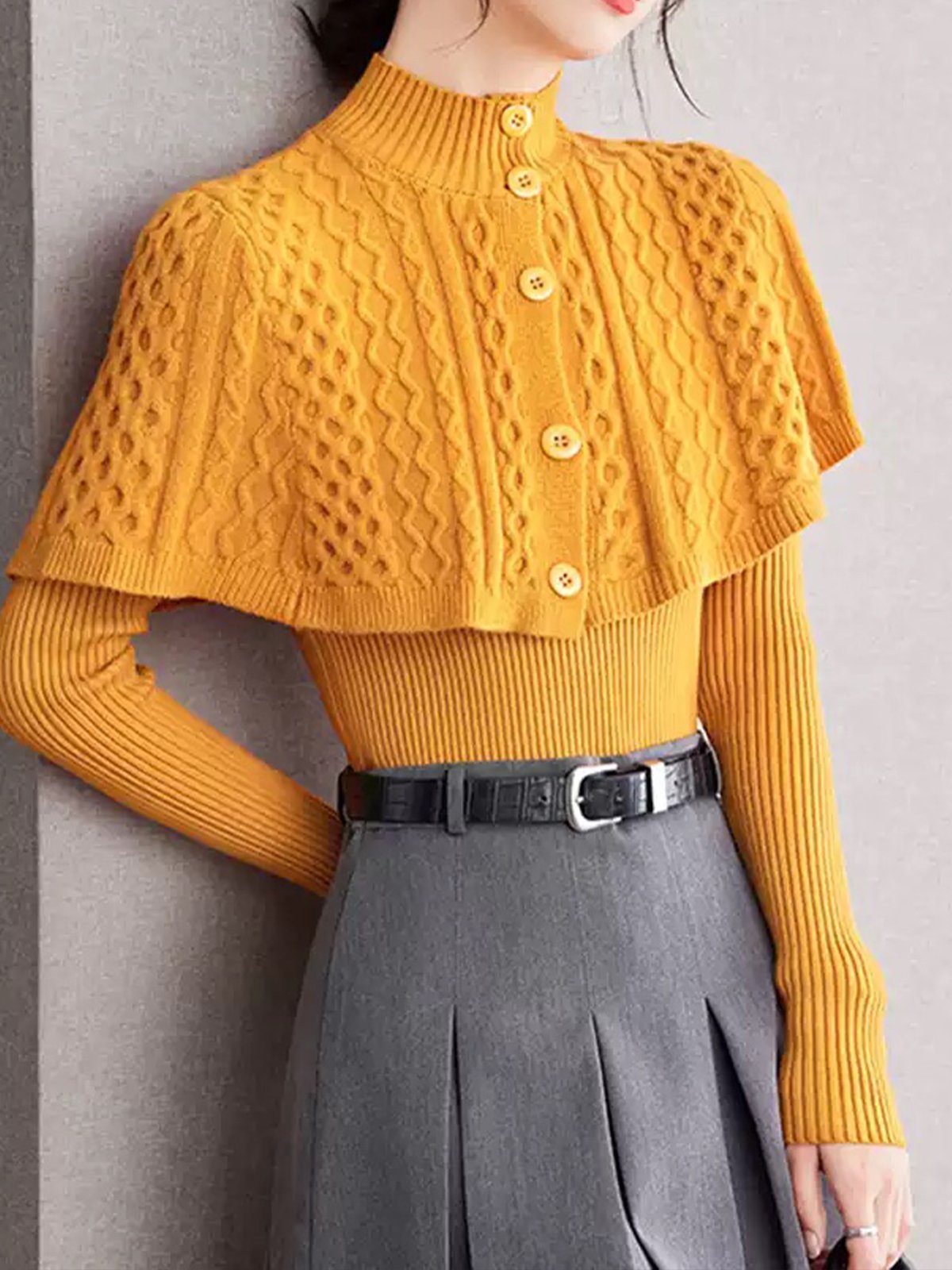 Mock Neck Plain Elegant Sweater Two-Piece Set