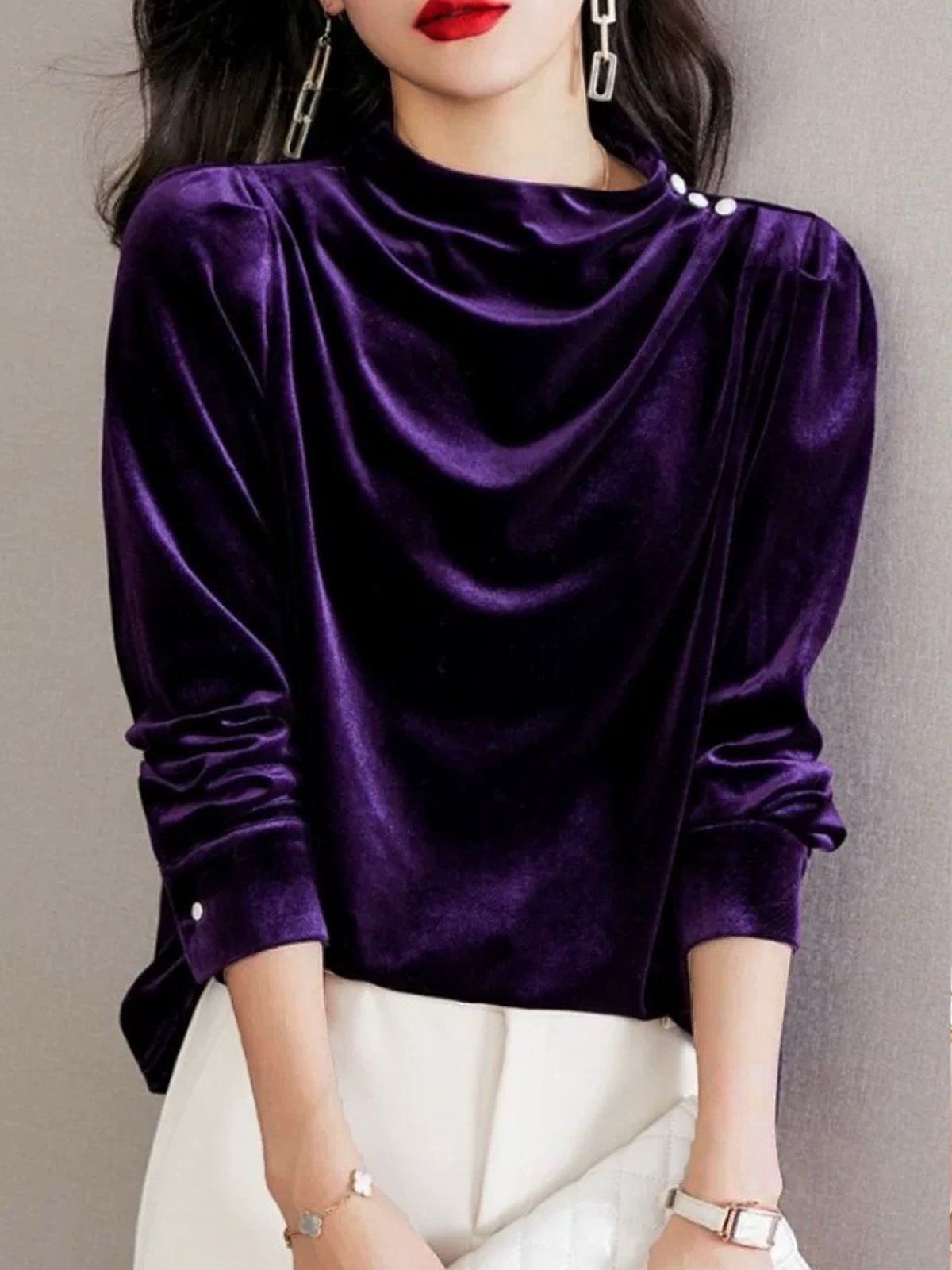 Plain Ruched Velvet Elegant Blouse