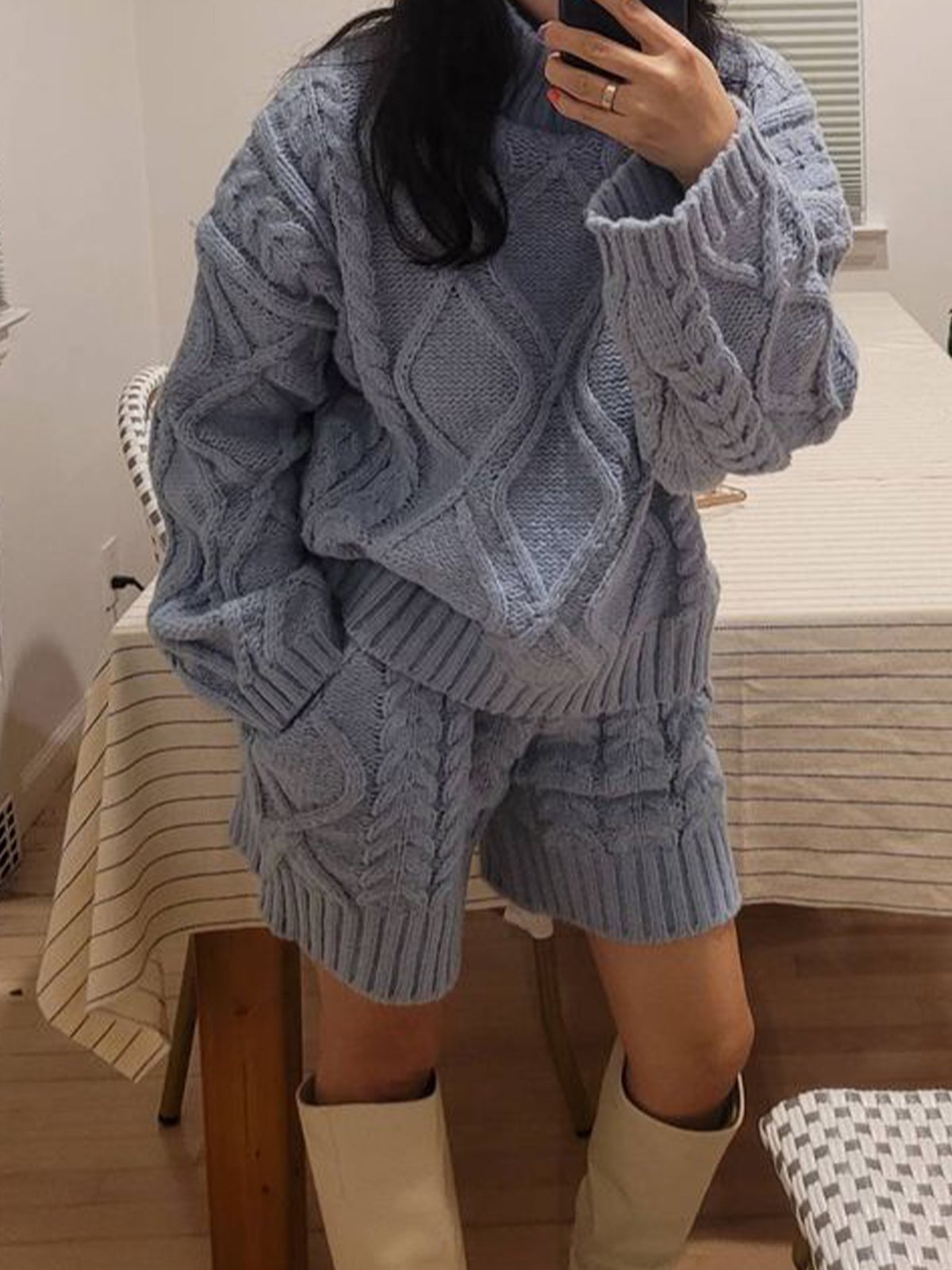 Casual Loose Raglan Sleeves Sweater And Shorts Two-Piece Set