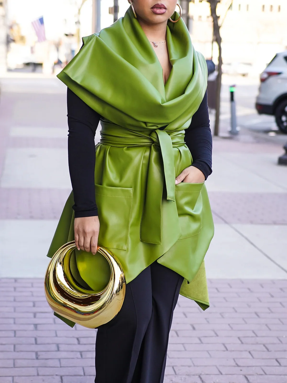 Plain Urban Sleeveless Faux Leather Top With Belt