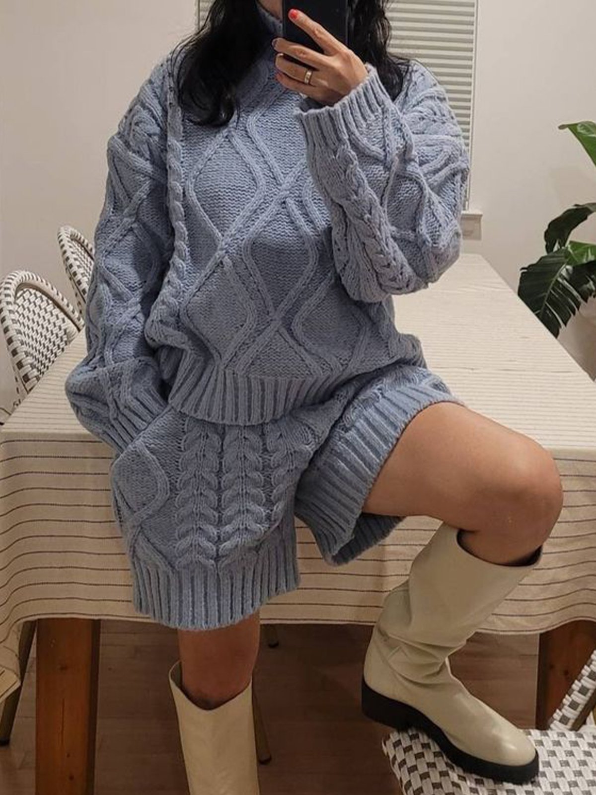 Casual Loose Raglan Sleeves Sweater And Shorts Two-Piece Set