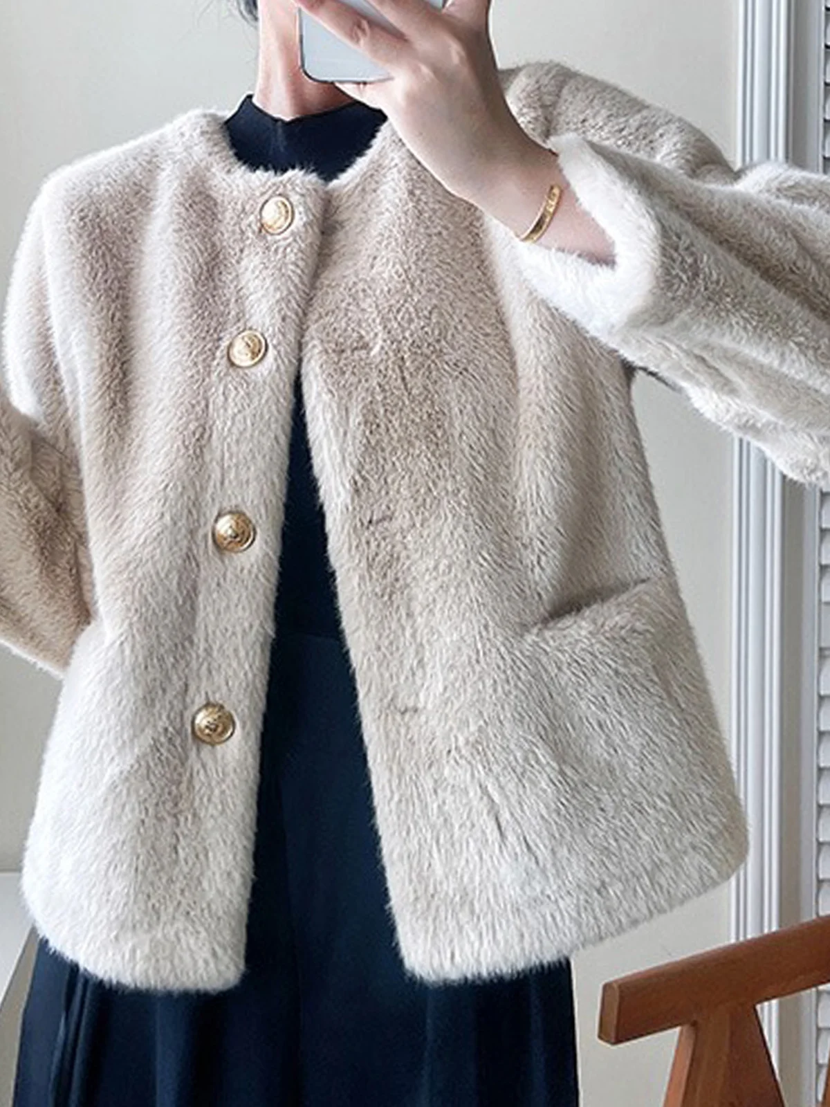 Crew Neck Elegant Regular Sleeve Plain Teddy Jacket