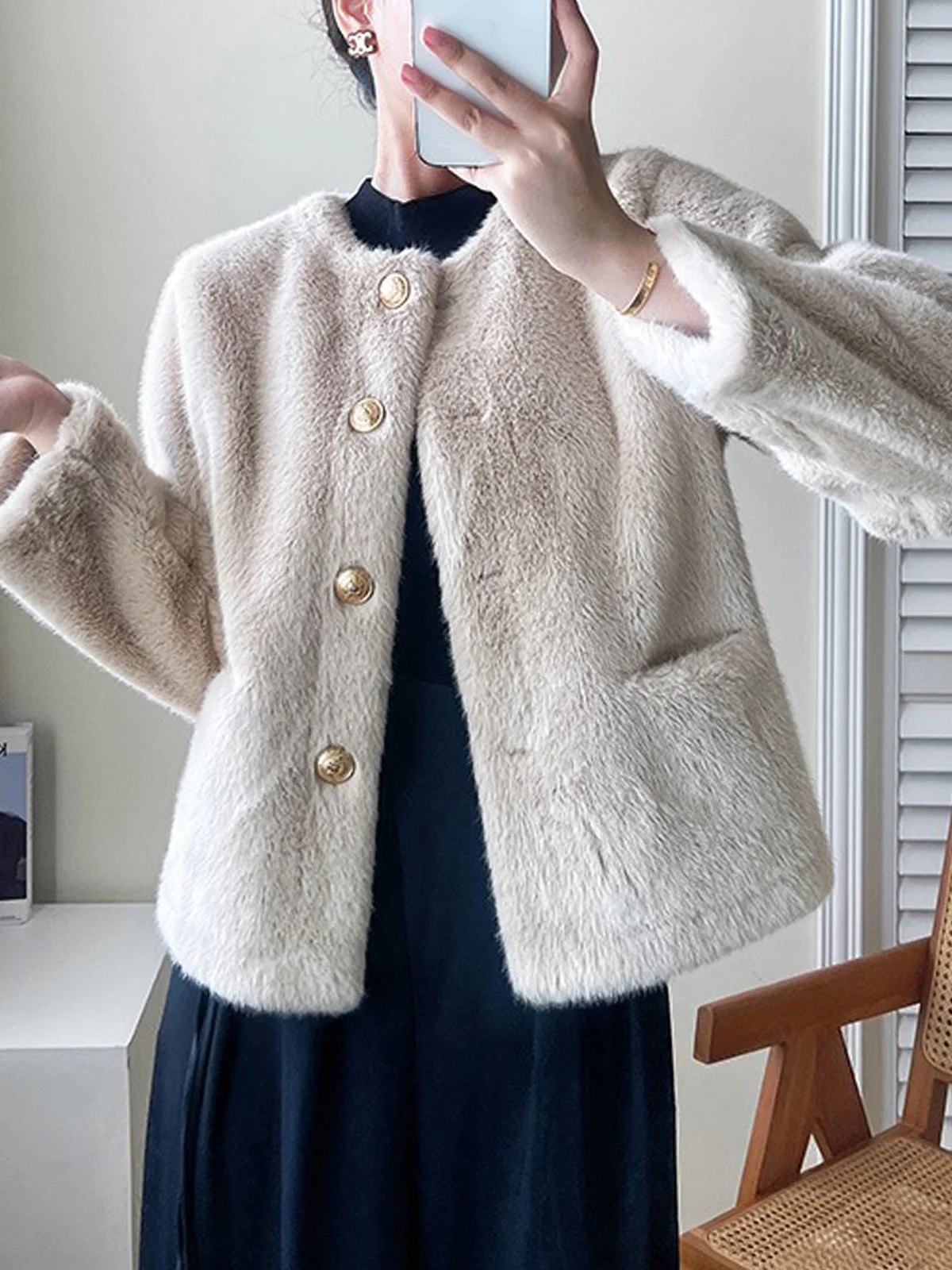 Crew Neck Elegant Regular Sleeve Plain Teddy Jacket