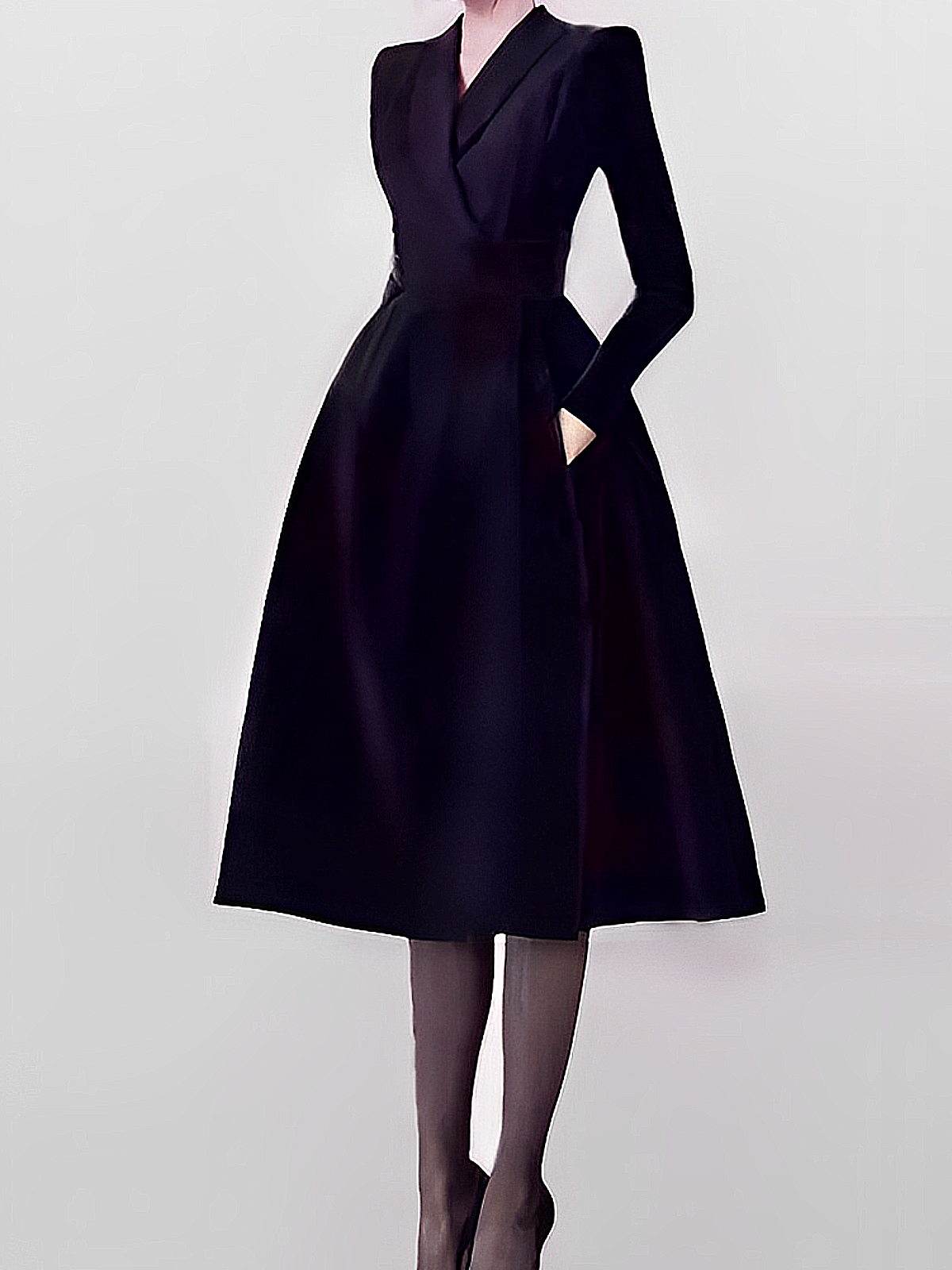 Elegant Regular Fit Shawl Collar Long Sleeve Plain Regular Sleeve Midi Dress