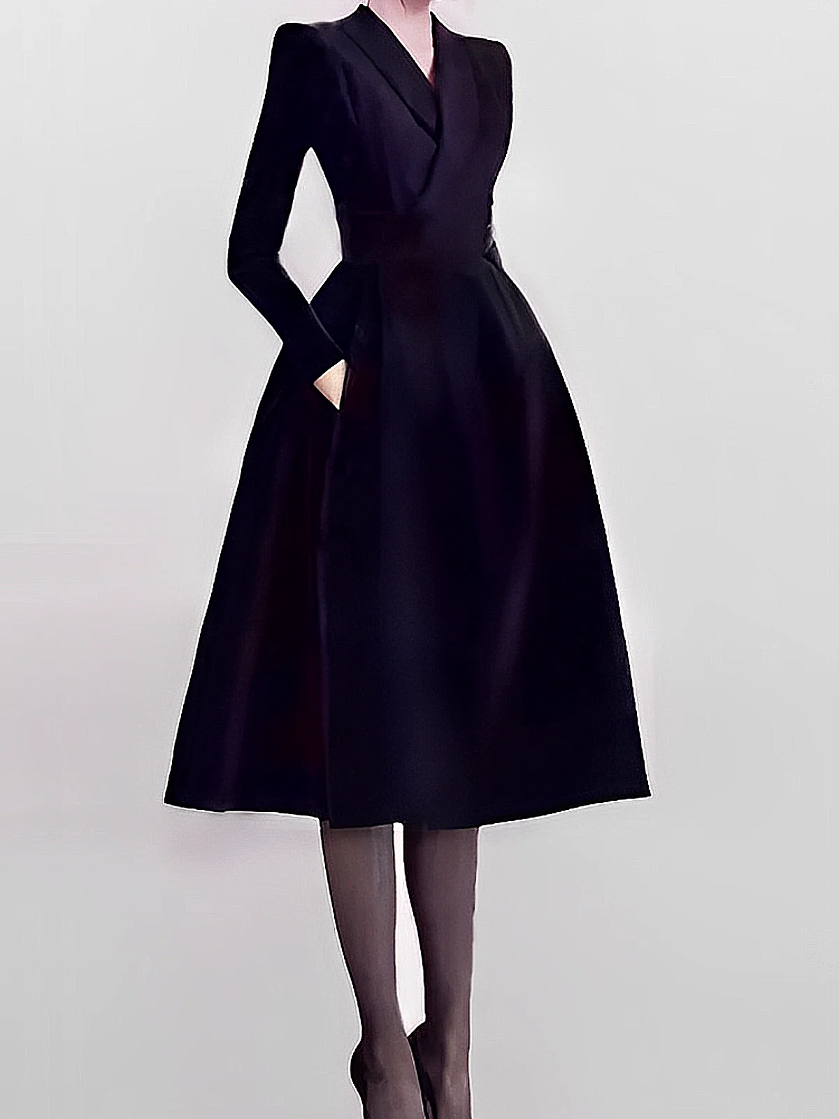 Elegant Regular Fit Shawl Collar Long Sleeve Plain Regular Sleeve Midi Dress