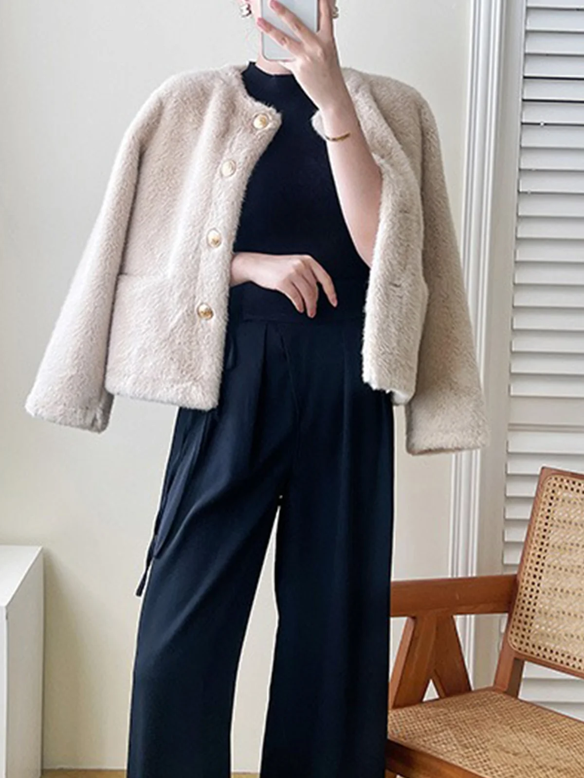 Crew Neck Elegant Regular Sleeve Plain Teddy Jacket