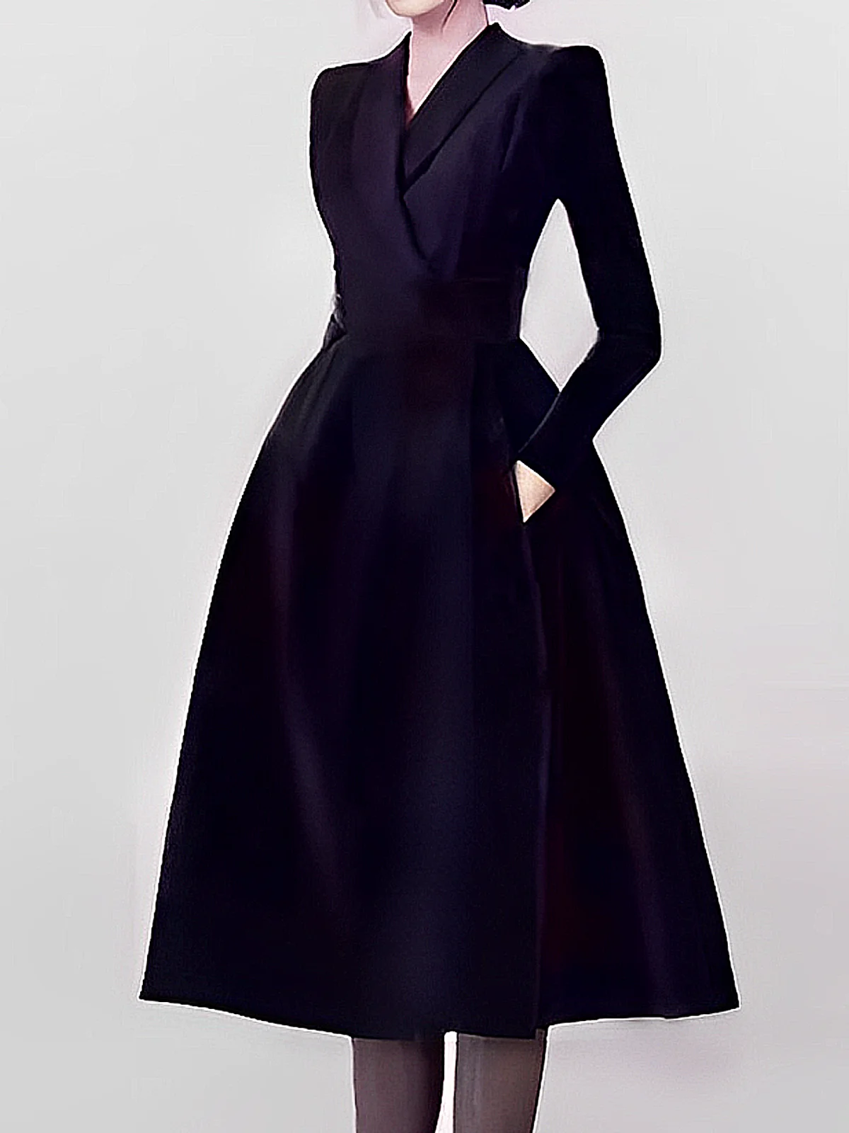 Elegant Regular Fit Shawl Collar Long Sleeve Plain Regular Sleeve Midi Dress