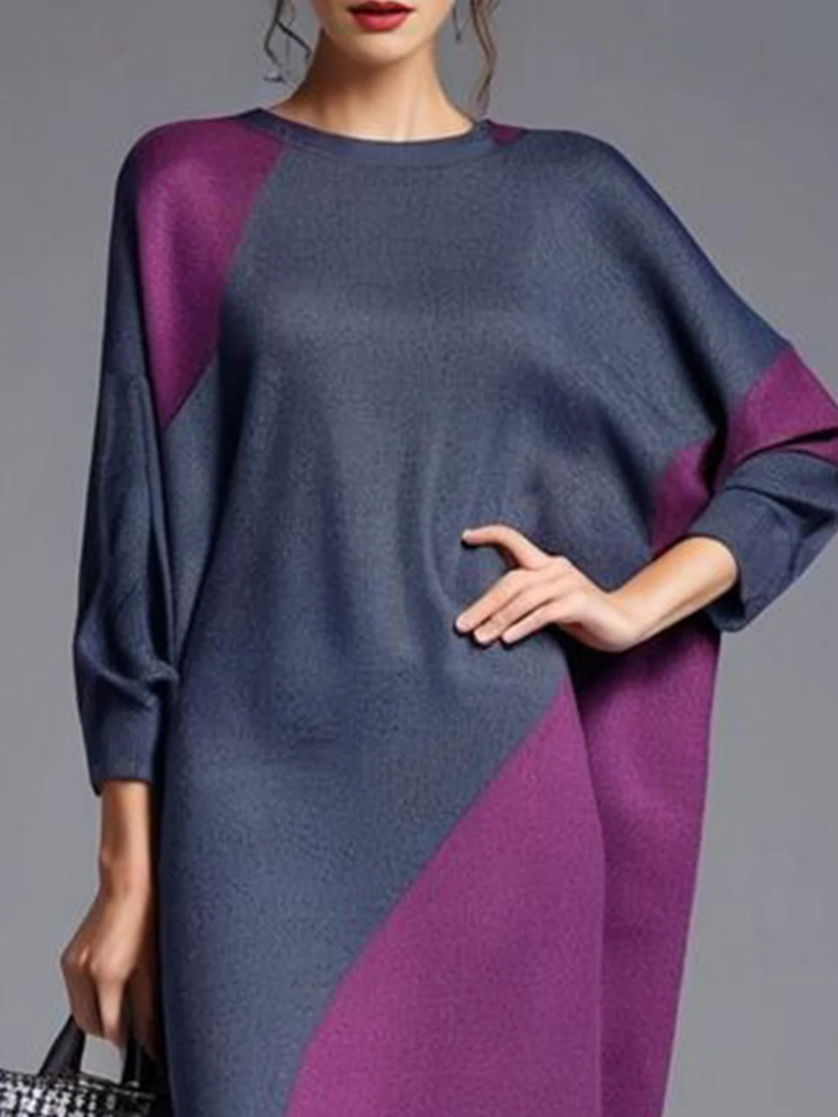 Color Block Casual Crew Neck Sweater Dress