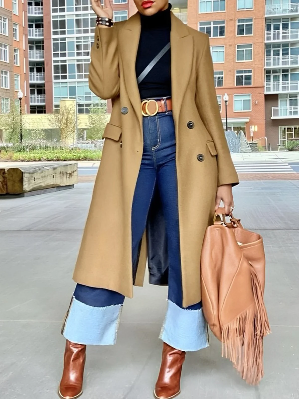 Plain Urban Lapel Collar Long Sleeve Buttoned Coat