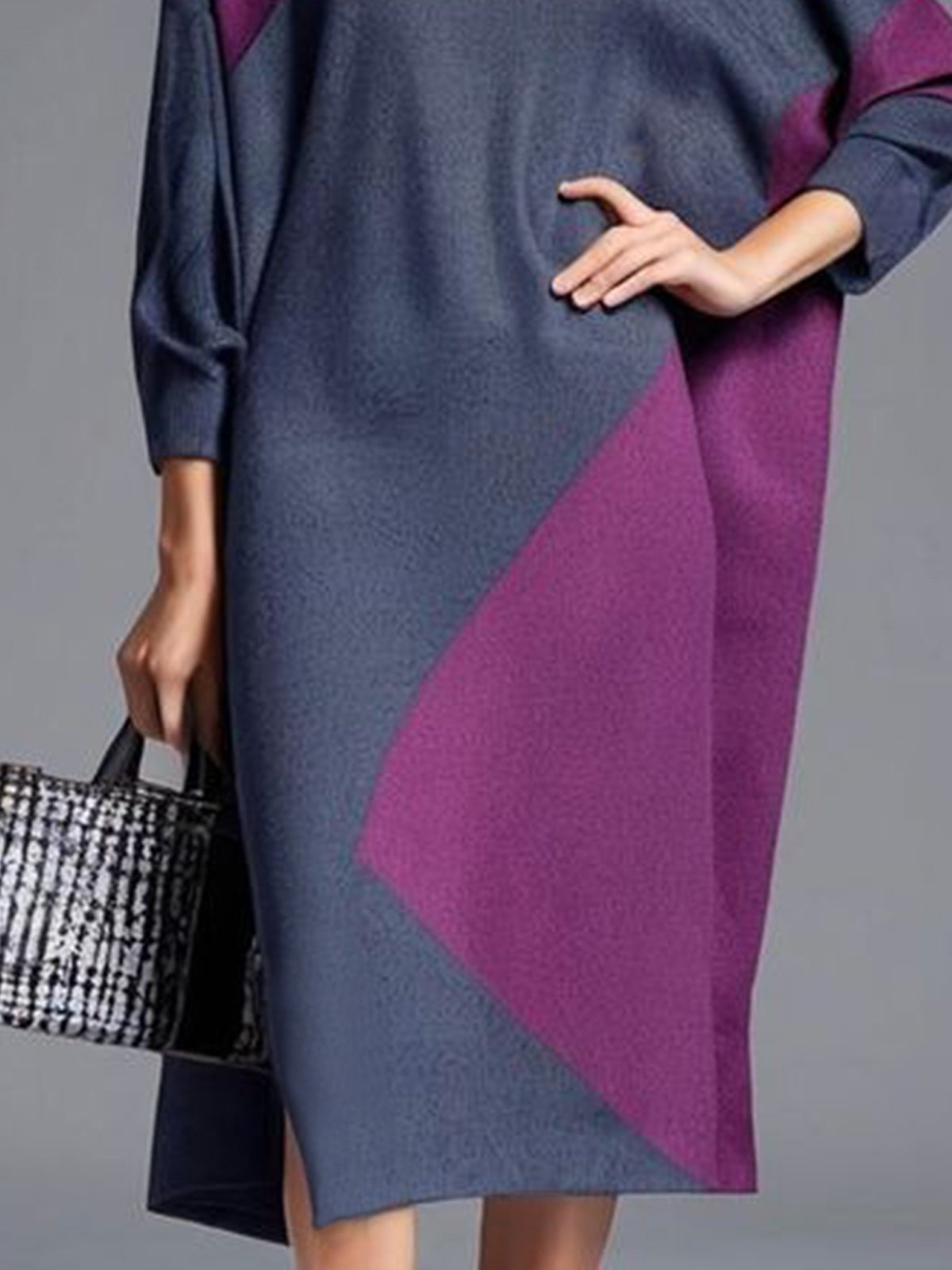 Color Block Casual Crew Neck Sweater Dress