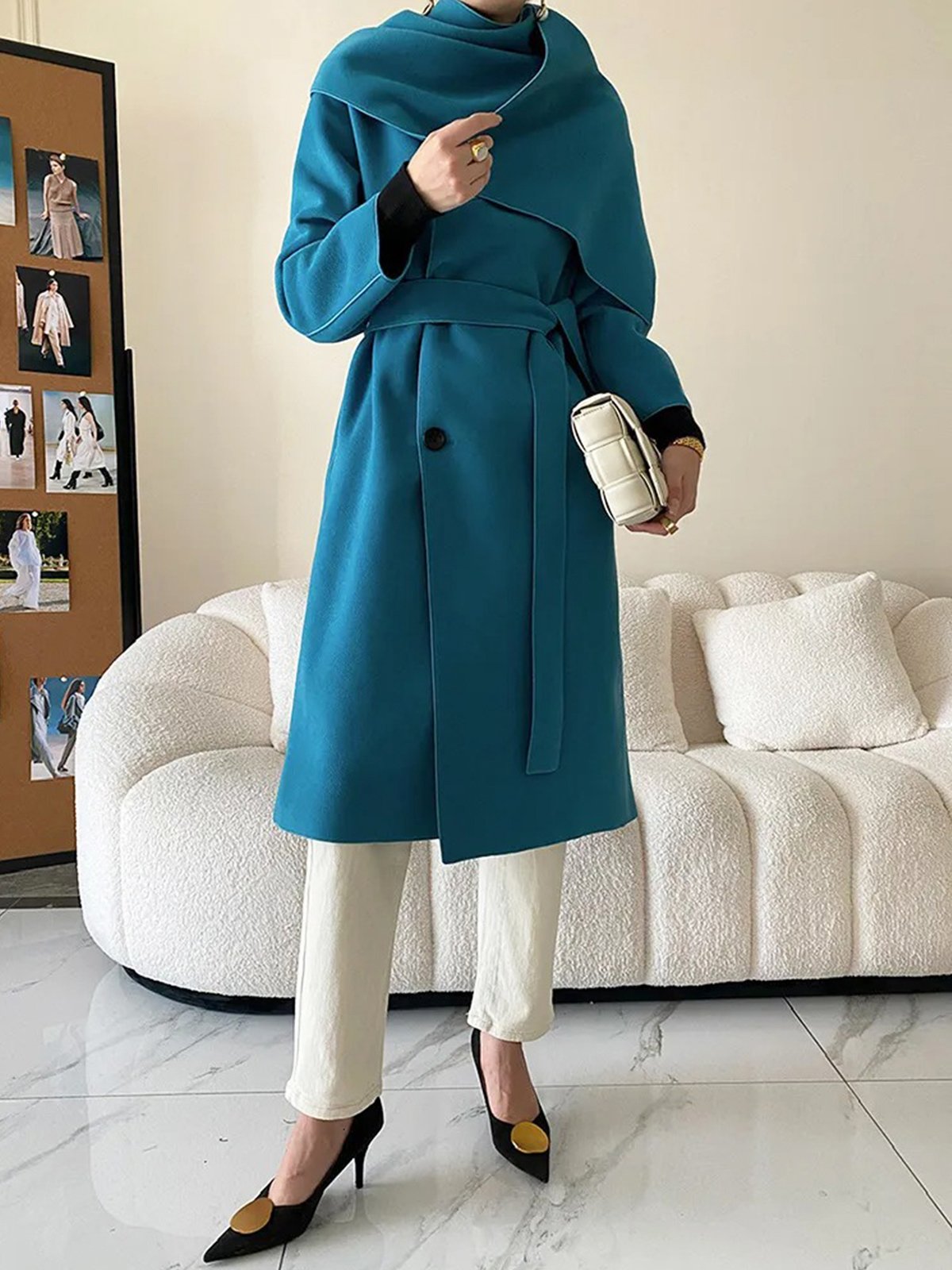 Wrap Urban Regular Sleeve Plain Buttoned Wrap Coat With Belt