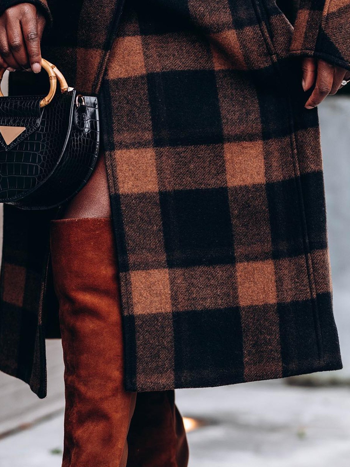 Loose Urban Regular Sleeve Plaid Coat With No Belt